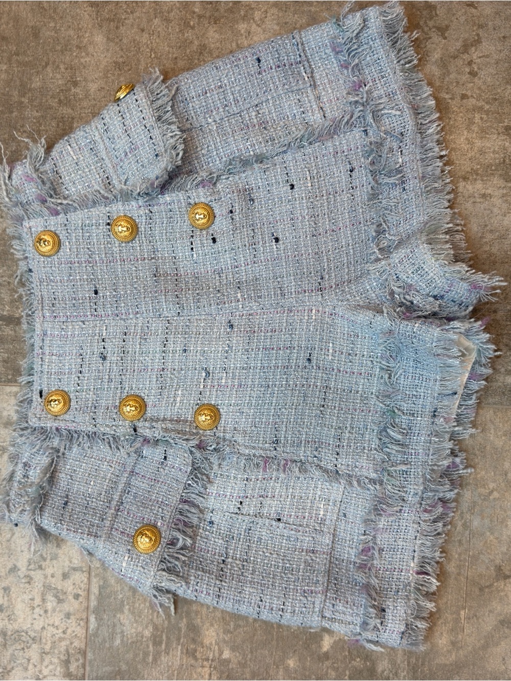 Balmain Light Blue Tweed High-Waist Shorts with Gold Buttons - Picture 2 of 8